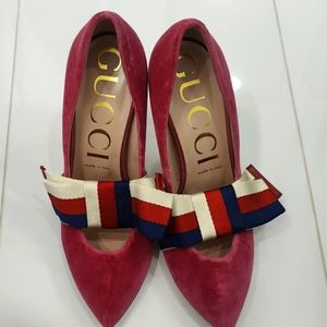 Authentic Gucci Pink Heels Silvie Bow Removable Red White Blue 39.5